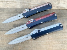 新款 Microtech 微技术蛇神直跳刀（大马士革  铝柄  ）